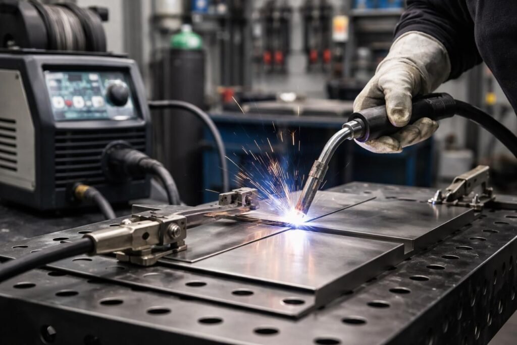 Worker welding sheet metal panels on a fixture table, producing a joint for a fabricated metal component.