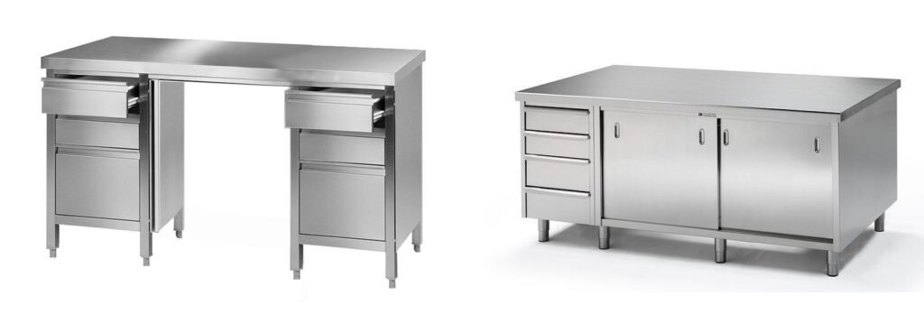 Stainless steel laboratory workbenches with integrated drawers, storage cabinets, and durable metal work surfaces.