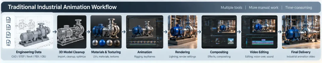 Traditional and AI-assisted industrial animation workflows compared