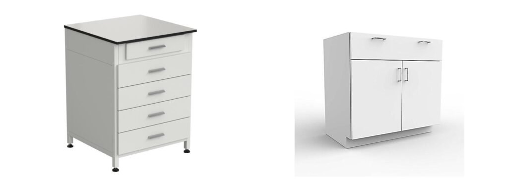 White sheet metal laboratory furniture featuring a multi-drawer storage cabinet and a double-door cabinet with an upper drawer.