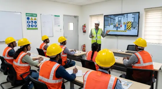 Young industrial workers attending a safety training session where an instructor explains workplace hazards and safe operating procedures using visual training materials.