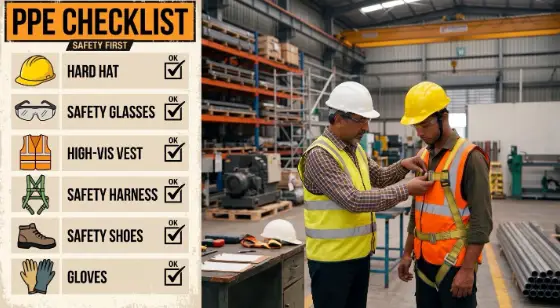 Safety supervisor helping a young industrial worker check personal protective equipment (PPE), including a hard hat, safety glasses, high-visibility vest, safety harness, safety shoes, and gloves.