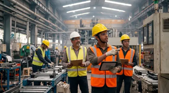 Experienced supervisor guiding a young industrial worker in identifying equipment hazards and safe operating procedures on a factory production floor.