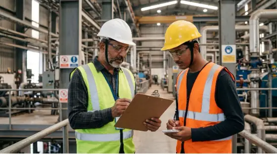 Experienced supervisor guiding a young industrial worker through a workplace safety inspection in a factory