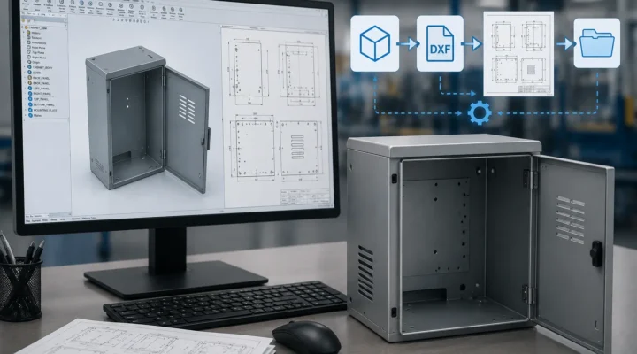 CAD automation for a sheet metal cabinet with automated DXF export and manufacturing drawing generation.