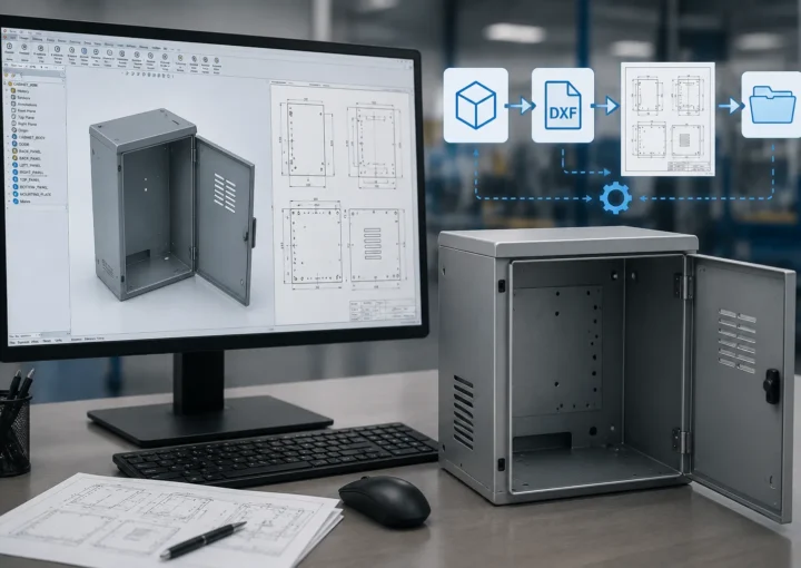 CAD automation for a sheet metal cabinet with automated DXF export and manufacturing drawing generation.