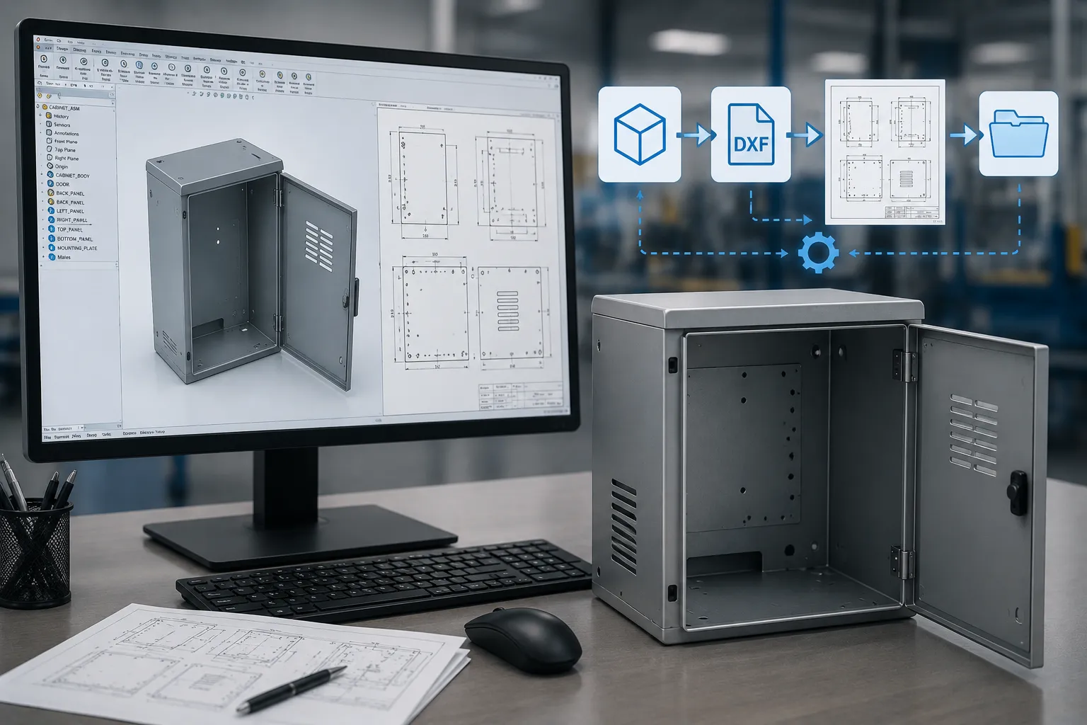 CAD automation for a sheet metal cabinet with automated DXF export and manufacturing drawing generation.