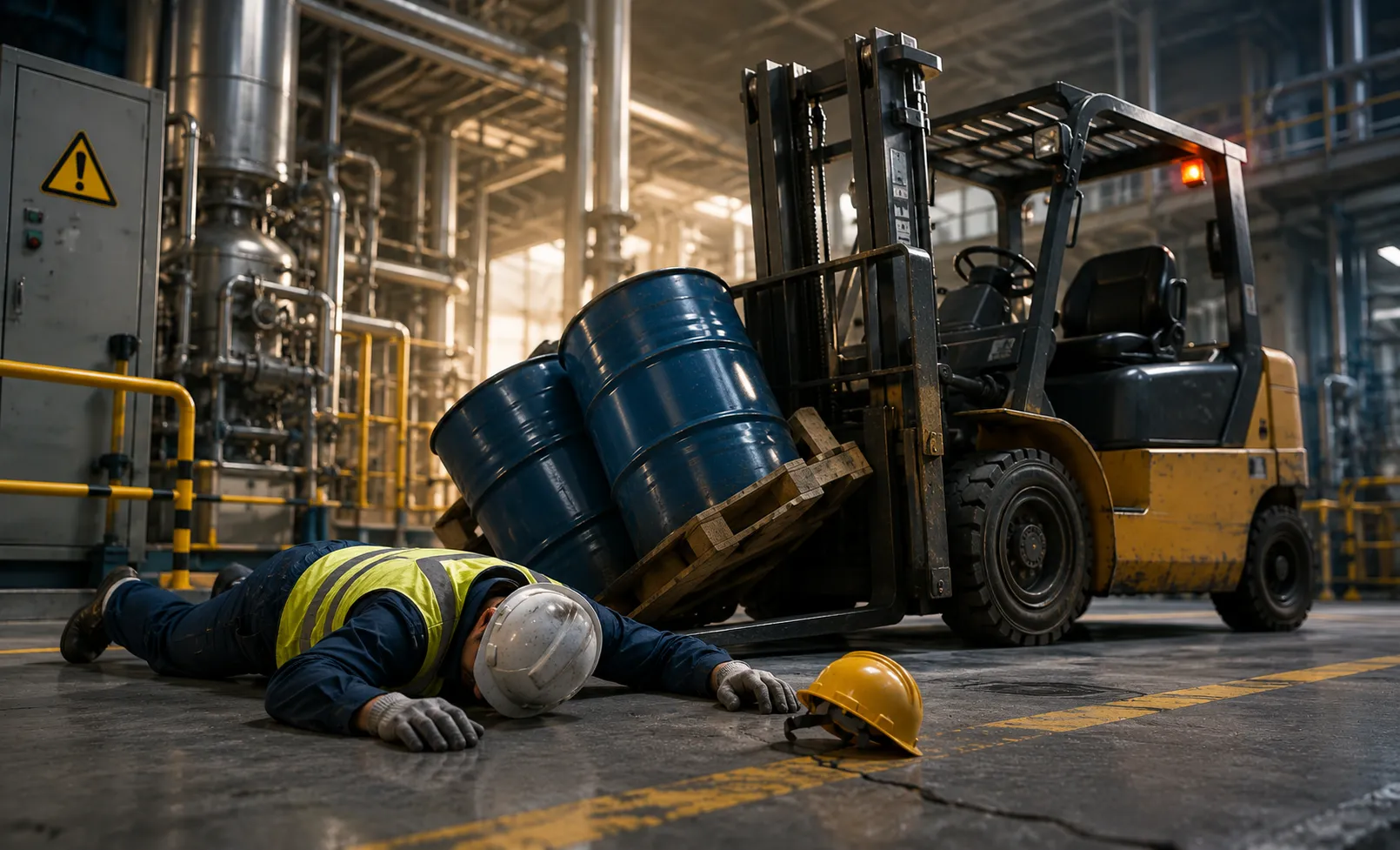 3D Workplace Incident Animation showing an industrial accident reconstruction for EHS training and workplace safety.