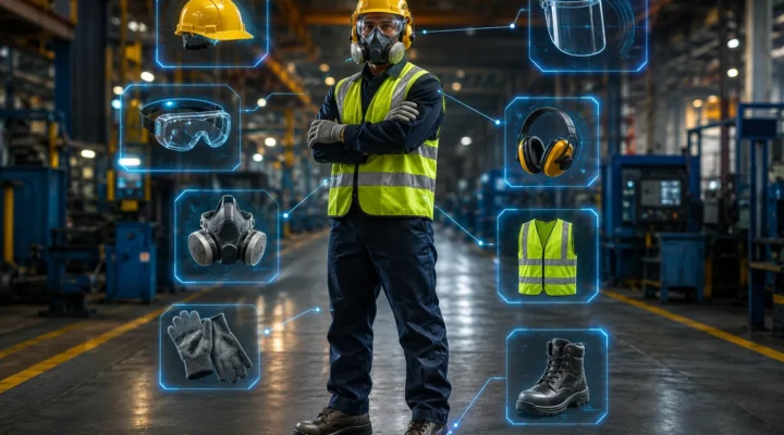 Industrial worker wearing complete personal protective equipment with 3D holographic callouts highlighting safety helmet, face shield, safety goggles, hearing protection, respirator, gloves, high-visibility vest, and steel-toe boots inside a manufacturing facility.