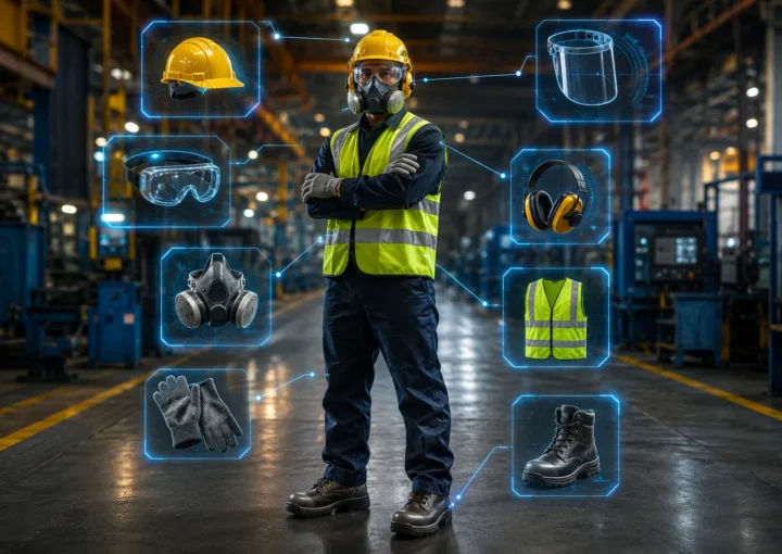 Industrial worker wearing complete personal protective equipment with 3D holographic callouts highlighting safety helmet, face shield, safety goggles, hearing protection, respirator, gloves, high-visibility vest, and steel-toe boots inside a manufacturing facility.