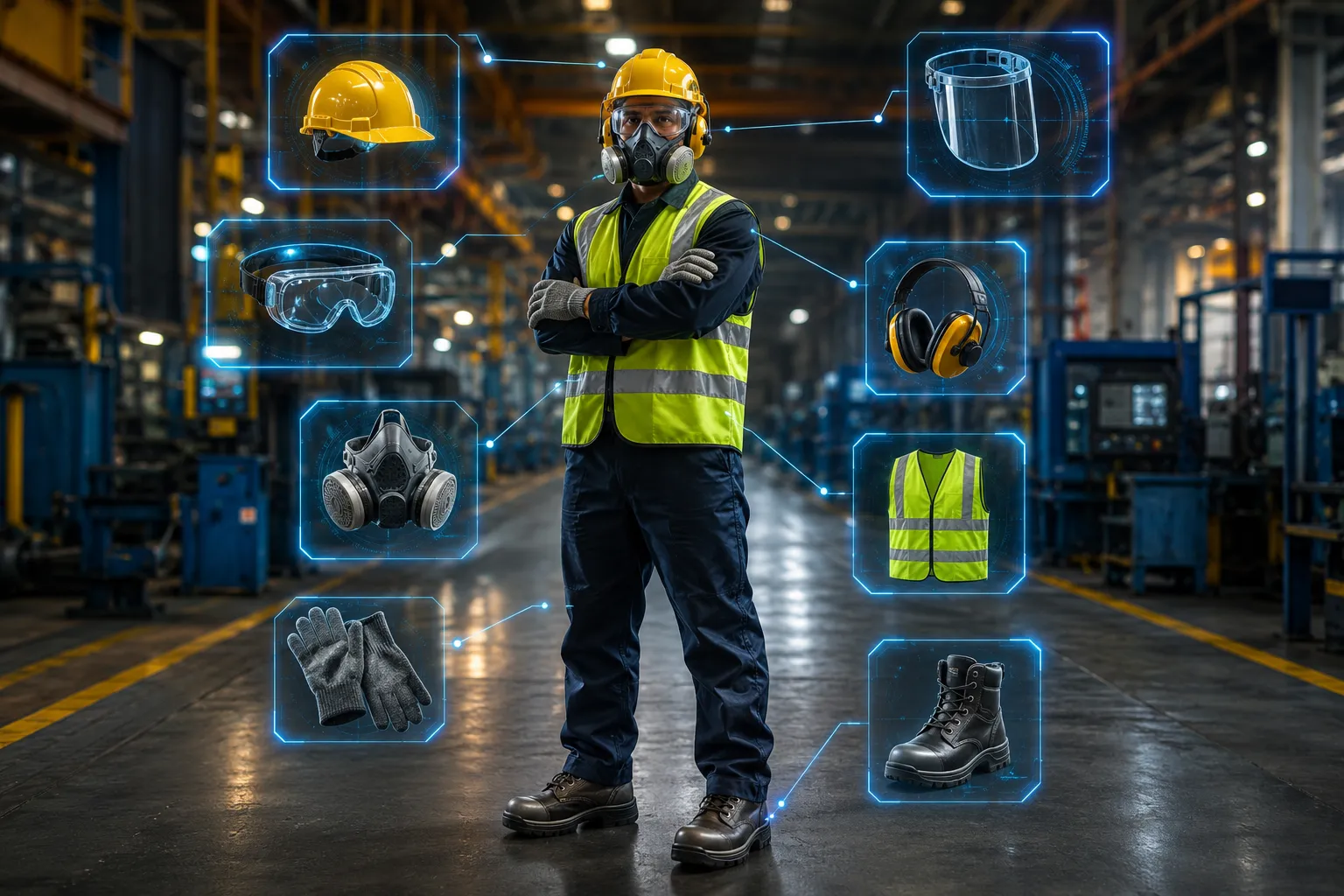 Industrial worker wearing complete personal protective equipment with 3D holographic callouts highlighting safety helmet, face shield, safety goggles, hearing protection, respirator, gloves, high-visibility vest, and steel-toe boots inside a manufacturing facility.
