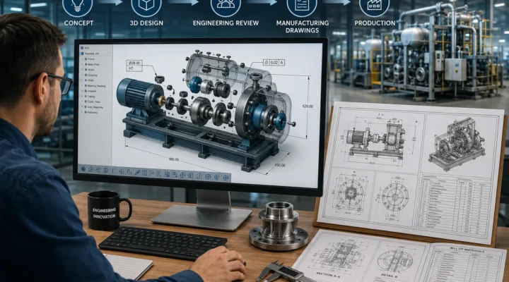 Mechanical engineer using 3D design to develop an industrial product with manufacturing drawings for production
