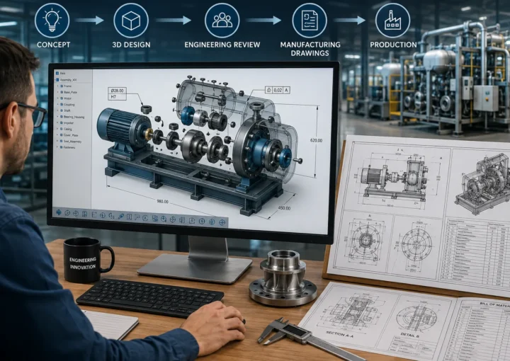 Mechanical engineer using 3D design to develop an industrial product with manufacturing drawings for production