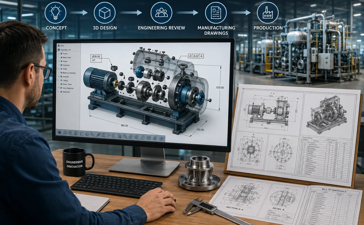 Mechanical engineer using 3D design to develop an industrial product with manufacturing drawings for production