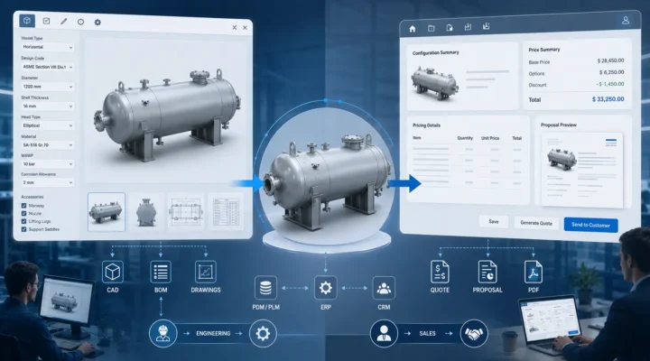 Illustration showing a Product Configurator generating a 3D CAD model connected to a CPQ system for pricing and quotation in a manufacturing workflow.