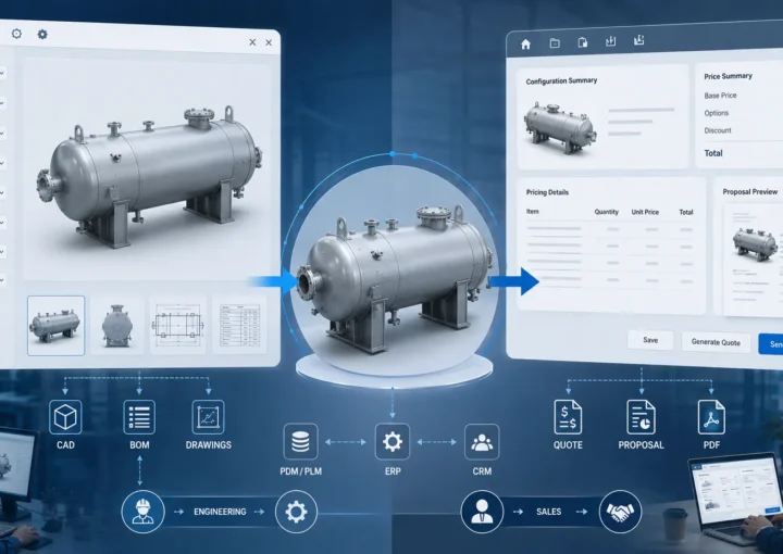 Illustration showing a Product Configurator generating a 3D CAD model connected to a CPQ system for pricing and quotation in a manufacturing workflow.