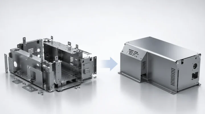 Comparison of a complex sheet metal enclosure and a Design for Manufacturing (DFM) optimized enclosure showing reduced part count, simplified assembly, and improved manufacturability.