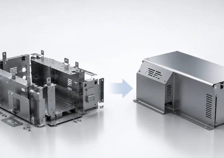 Comparison of a complex sheet metal enclosure and a Design for Manufacturing (DFM) optimized enclosure showing reduced part count, simplified assembly, and improved manufacturability.