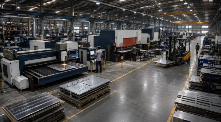 Factory walk-through animation showing a modern sheet metal manufacturing plant with laser cutting machines, CNC press brakes, forklifts, and automated production equipment.