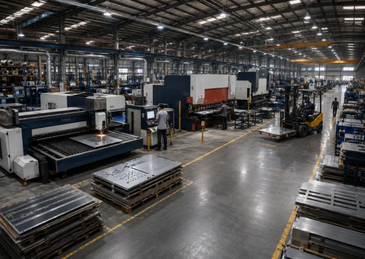 Factory walk-through animation showing a modern sheet metal manufacturing plant with laser cutting machines, CNC press brakes, forklifts, and automated production equipment.