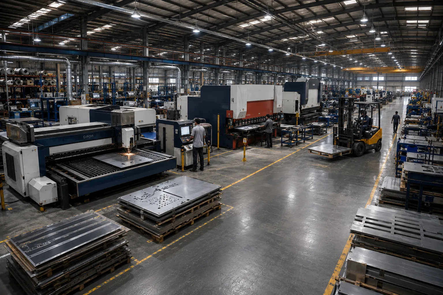 Factory walk-through animation showing a modern sheet metal manufacturing plant with laser cutting machines, CNC press brakes, forklifts, and automated production equipment.