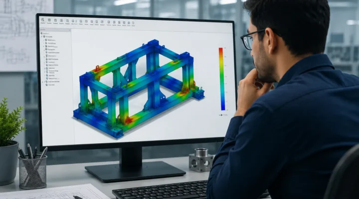 Engineer performing FEA simulation on mechanical equipment using SolidWorks Simulation before manufacturing.