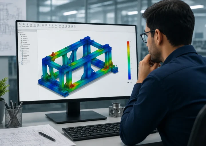 Engineer performing FEA simulation on mechanical equipment using SolidWorks Simulation before manufacturing.