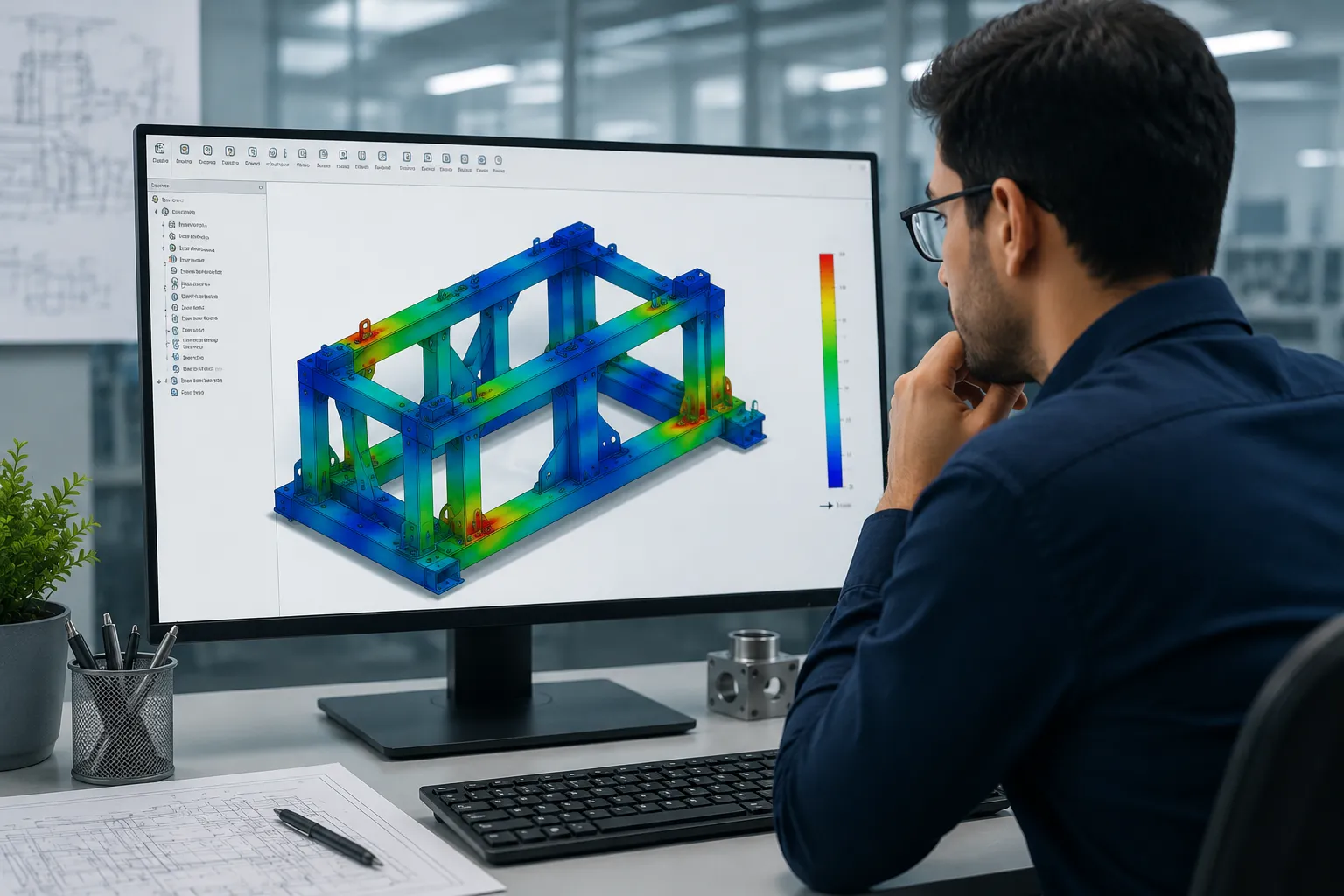 Engineer performing FEA simulation on mechanical equipment using SolidWorks Simulation before manufacturing.