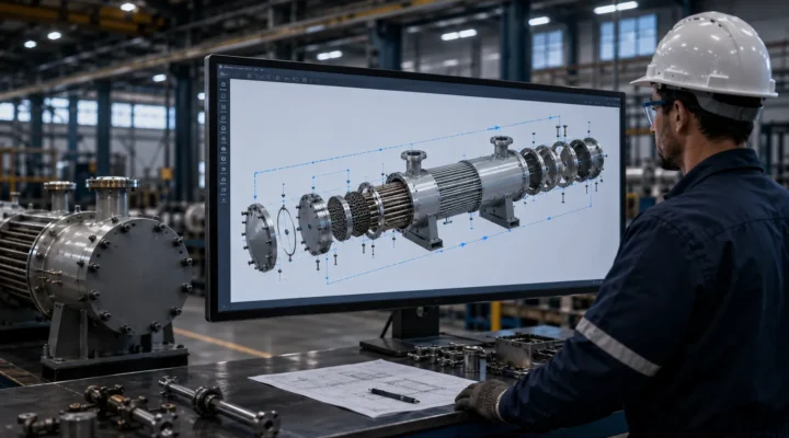 Mechanical engineer reviewing a CAD-based heat exchanger assembly animation showing an exploded assembly sequence for technician training and manufacturing accuracy.