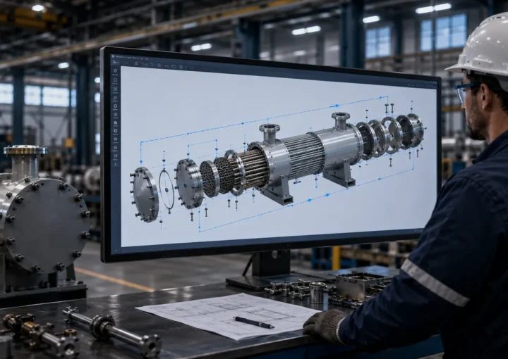 Mechanical engineer reviewing a CAD-based heat exchanger assembly animation showing an exploded assembly sequence for technician training and manufacturing accuracy.