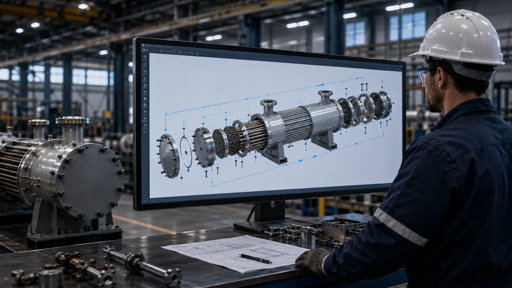 Mechanical engineer reviewing a CAD-based heat exchanger assembly animation showing an exploded assembly sequence for technician training and manufacturing accuracy.