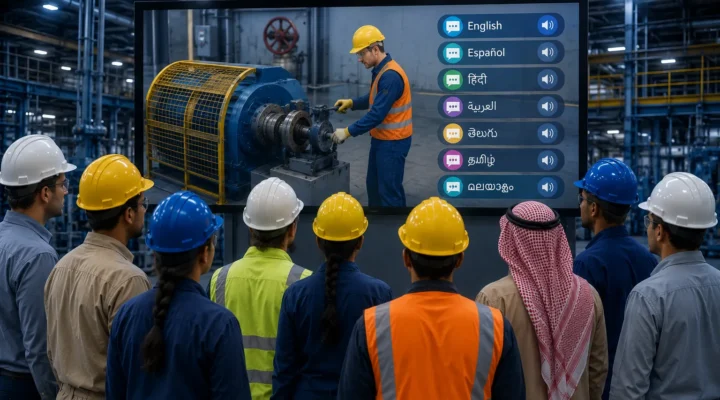 A diverse industrial workforce watches a multilingual safety training video with language options including English, Spanish, Hindi, Arabic, Telugu, Tamil and Malayalam to improve workplace safety compliance.