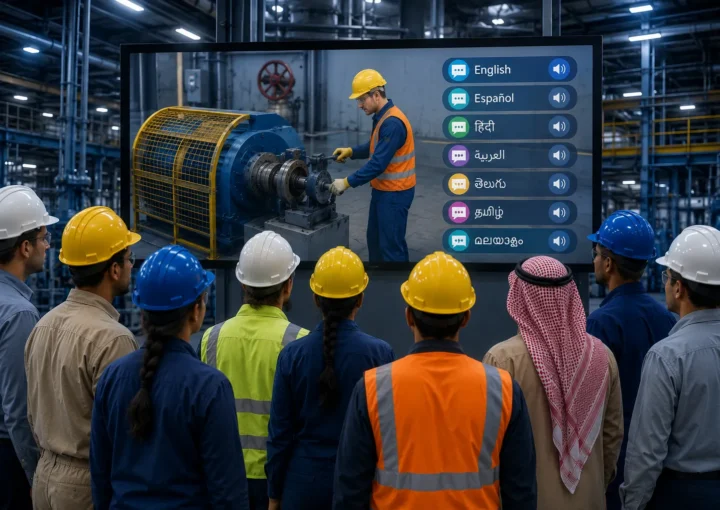 A diverse industrial workforce watches a multilingual safety training video with language options including English, Spanish, Hindi, Arabic, Telugu, Tamil and Malayalam to improve workplace safety compliance.