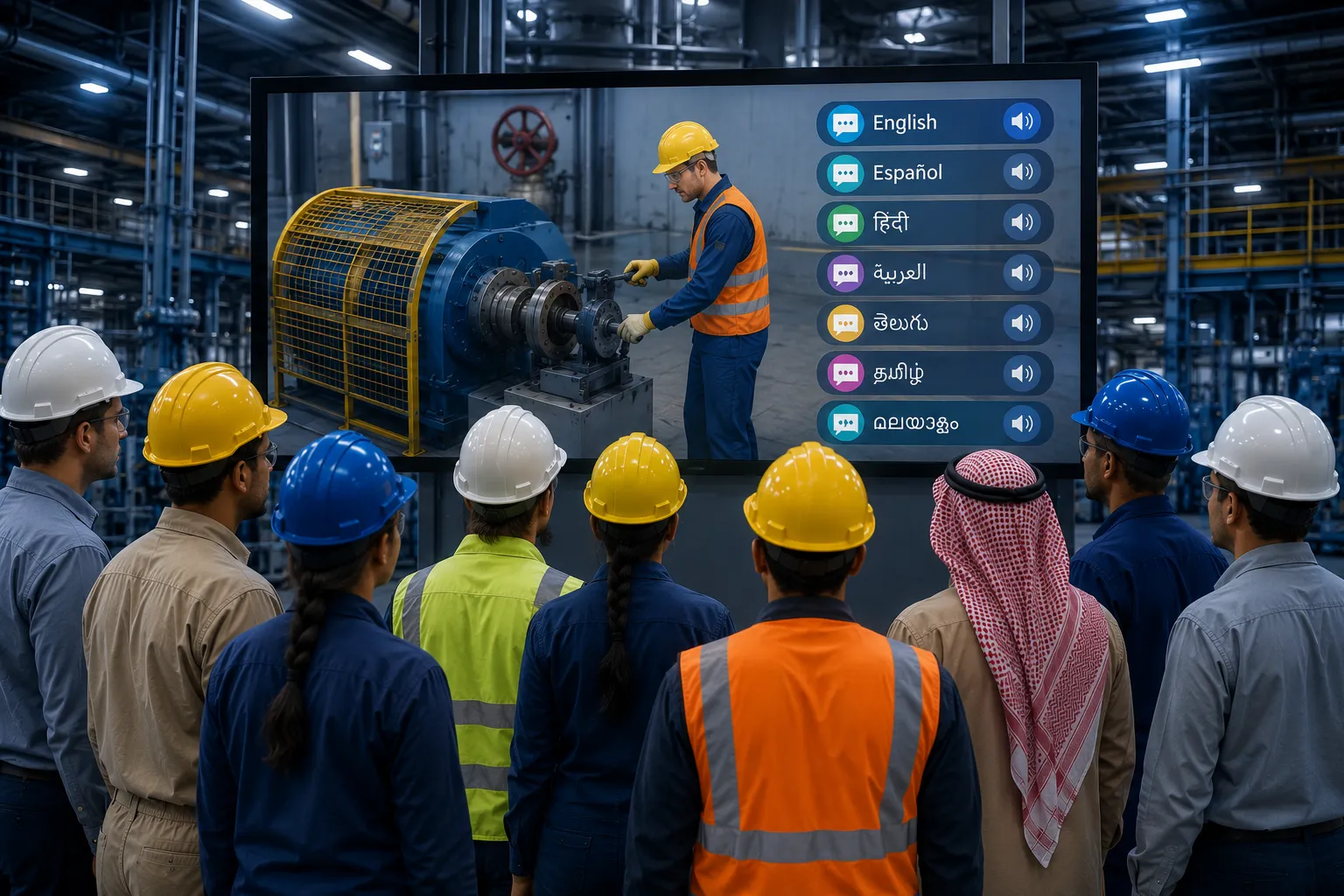 A diverse industrial workforce watches a multilingual safety training video with language options including English, Spanish, Hindi, Arabic, Telugu, Tamil and Malayalam to improve workplace safety compliance.
