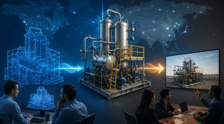 Process equipment animation transforming a CAD model into a realistic 3D visualization to improve technical communication with global engineering clients.