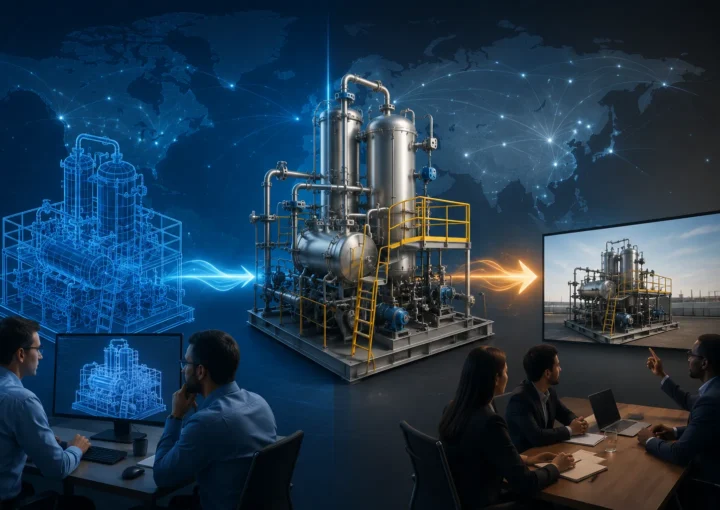 Process equipment animation transforming a CAD model into a realistic 3D visualization to improve technical communication with global engineering clients.