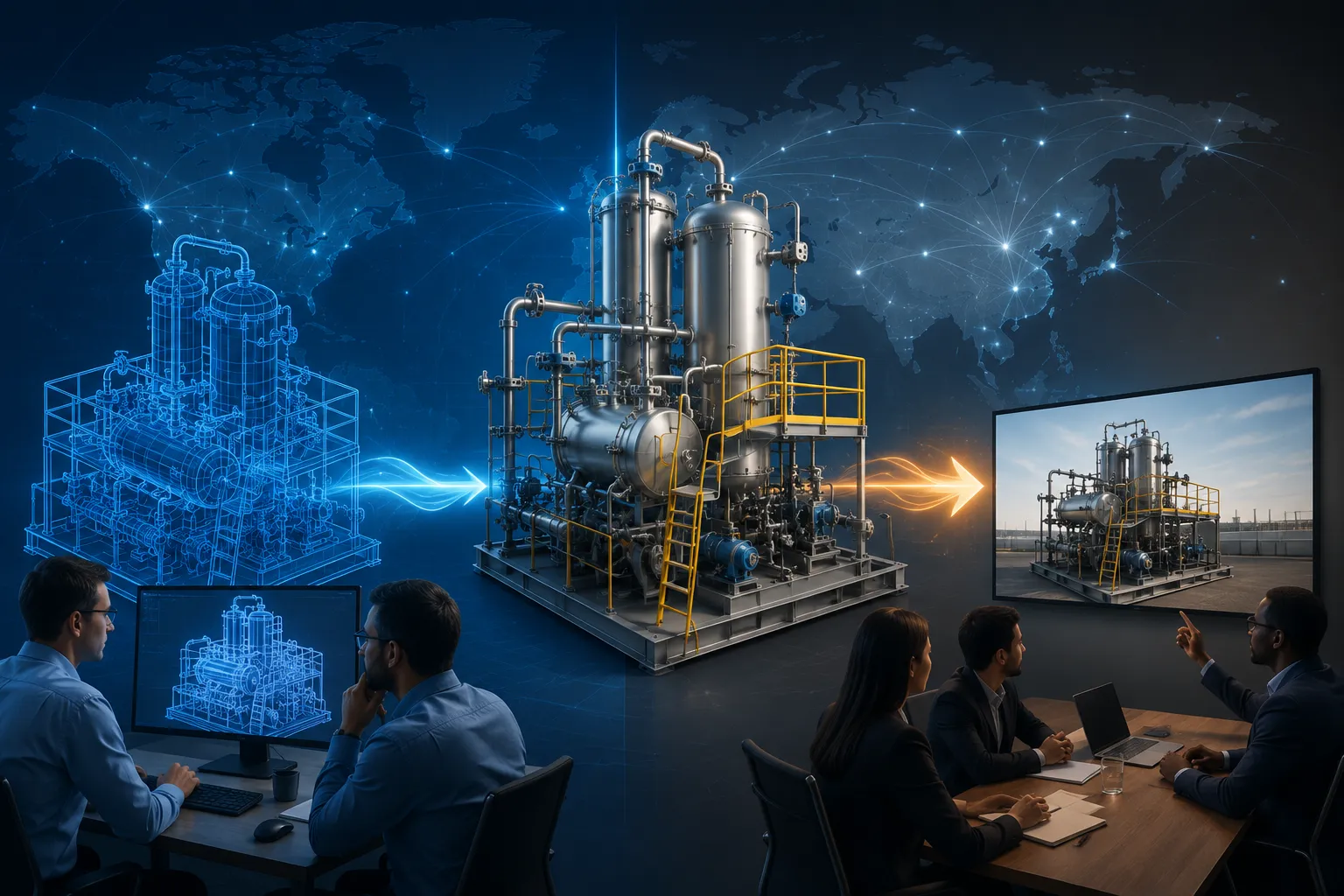 Process equipment animation transforming a CAD model into a realistic 3D visualization to improve technical communication with global engineering clients.