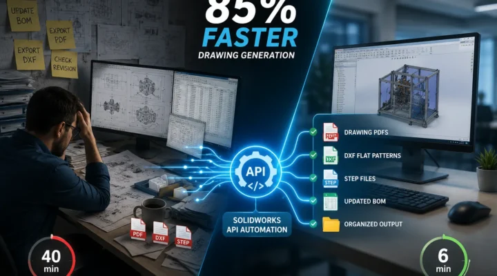 Illustration showing how SolidWorks API automation reduced engineering drawing generation time by 85% through automated BOM updates, PDF, DXF, and STEP file exports for manufacturing documentation.