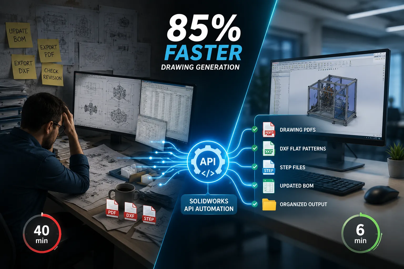 Illustration showing how SolidWorks API automation reduced engineering drawing generation time by 85% through automated BOM updates, PDF, DXF, and STEP file exports for manufacturing documentation.