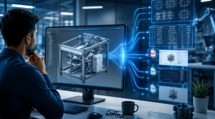 Engineer reviewing a 3D machine assembly with automated generation of technical drawings, BOM, PDF, DXF, and STEP files using CAD automation in SOLIDWORKS and Autodesk Inventor.