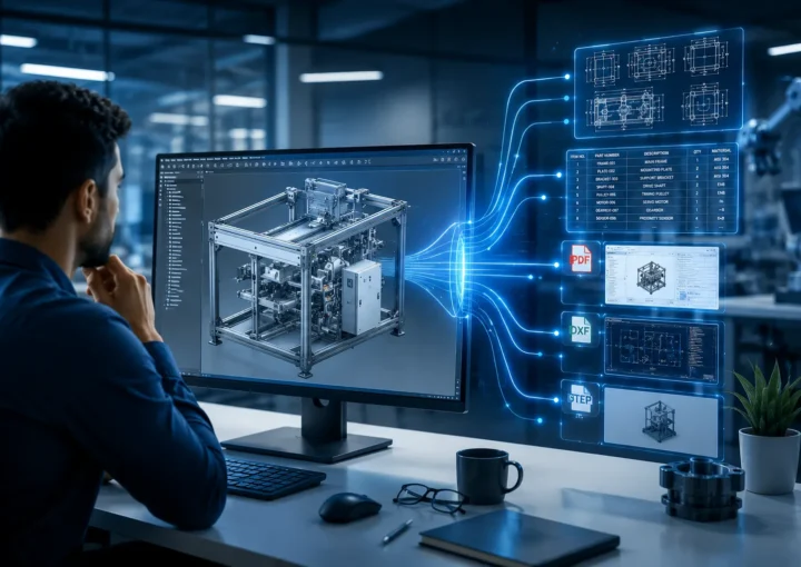 Engineer reviewing a 3D machine assembly with automated generation of technical drawings, BOM, PDF, DXF, and STEP files using CAD automation in SOLIDWORKS and Autodesk Inventor.