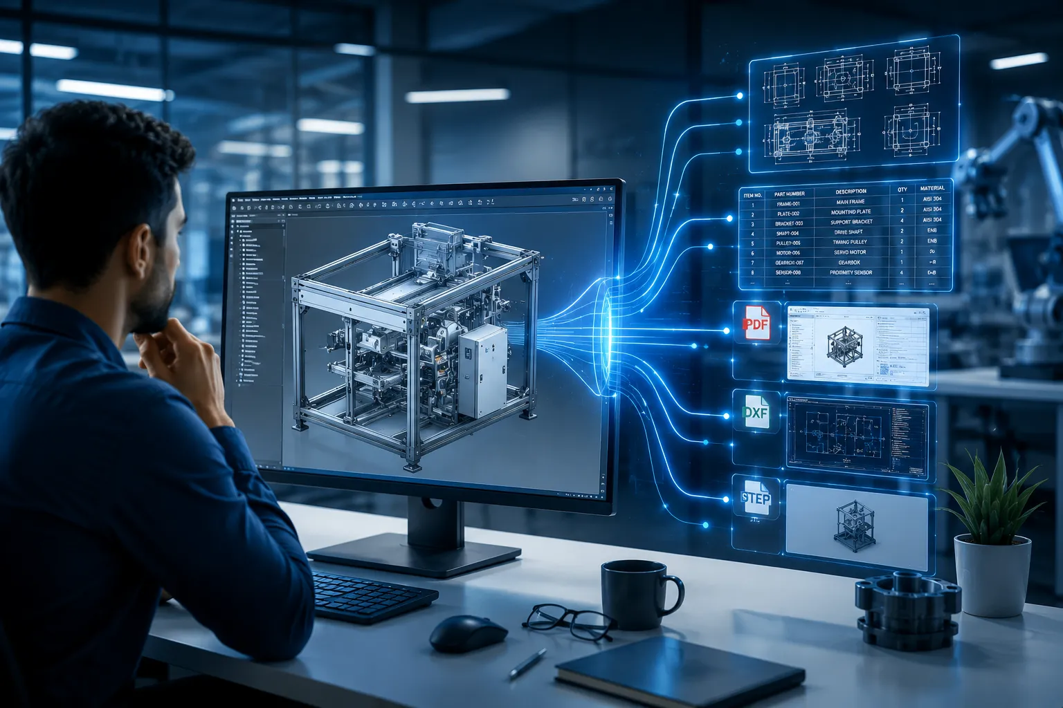 Engineer reviewing a 3D machine assembly with automated generation of technical drawings, BOM, PDF, DXF, and STEP files using CAD automation in SOLIDWORKS and Autodesk Inventor.