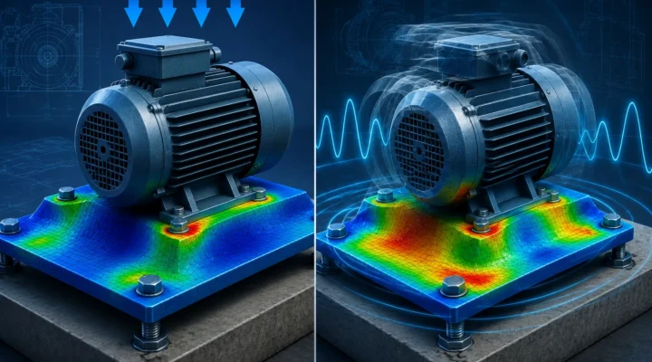Comparison of Static FEA and Dynamic FEA on an electric motor mounting plate showing stress distribution under constant load and vibration-induced dynamic loading.