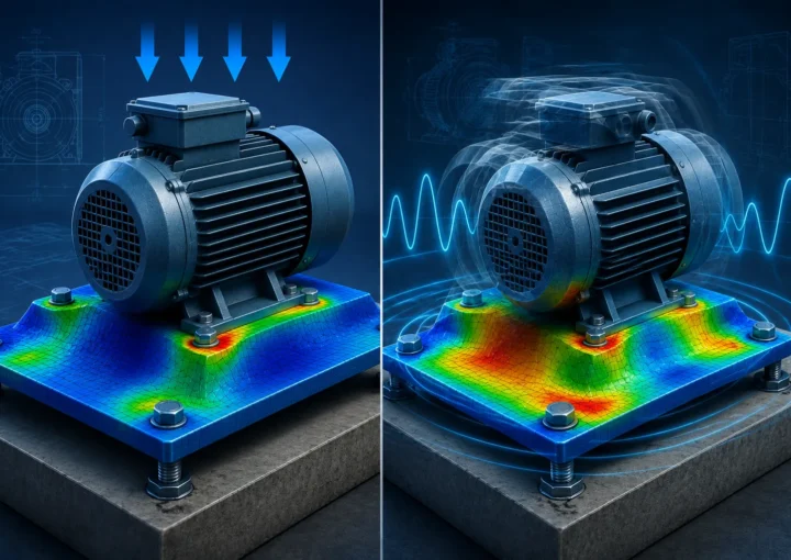 Comparison of Static FEA and Dynamic FEA on an electric motor mounting plate showing stress distribution under constant load and vibration-induced dynamic loading.