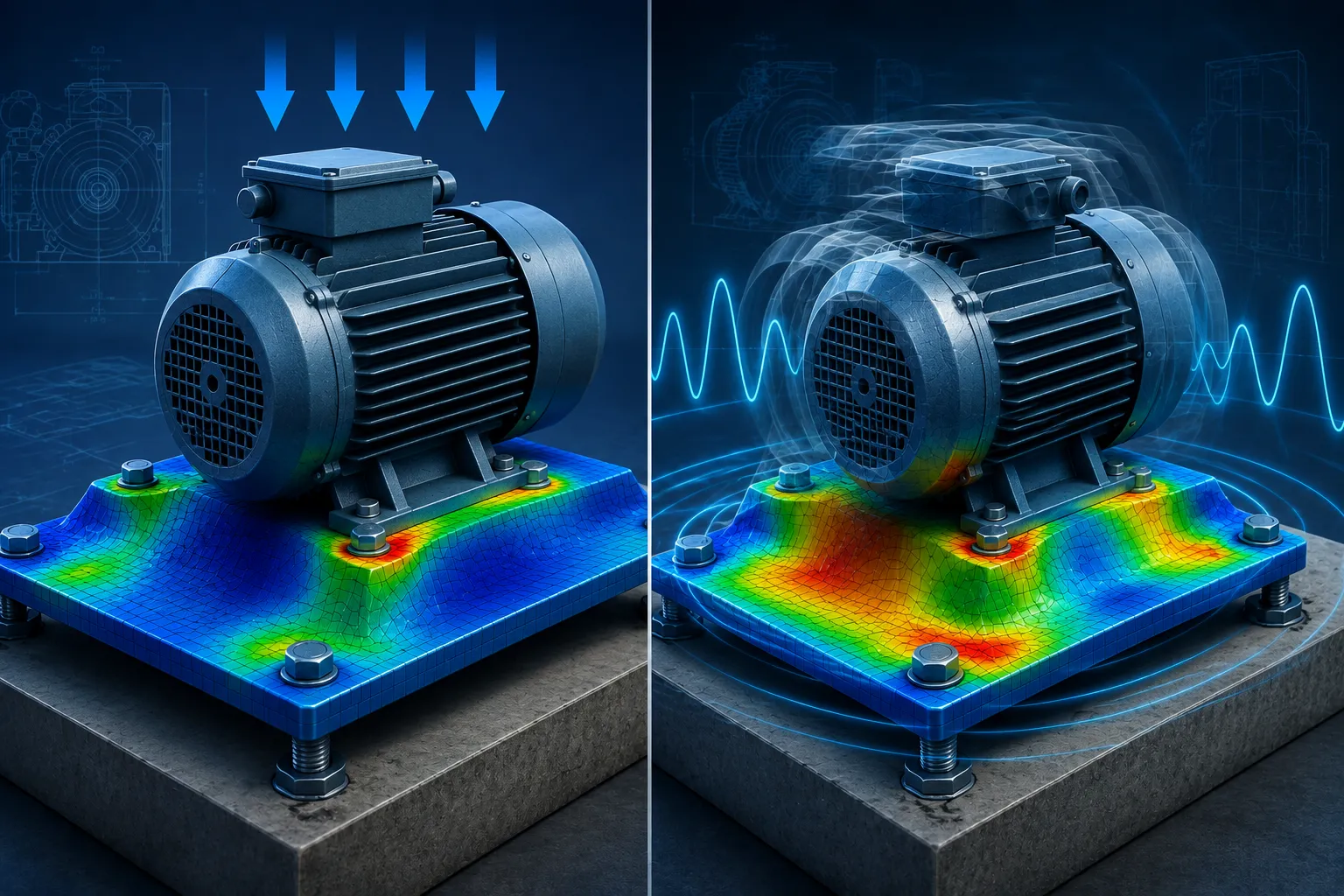 Comparison of Static FEA and Dynamic FEA on an electric motor mounting plate showing stress distribution under constant load and vibration-induced dynamic loading.