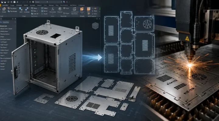 Autodesk Inventor sheet metal enclosure with flat pattern DXF export and CNC laser cutting workflow