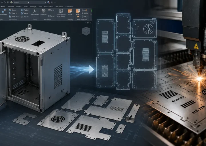 Autodesk Inventor sheet metal enclosure with flat pattern DXF export and CNC laser cutting workflow