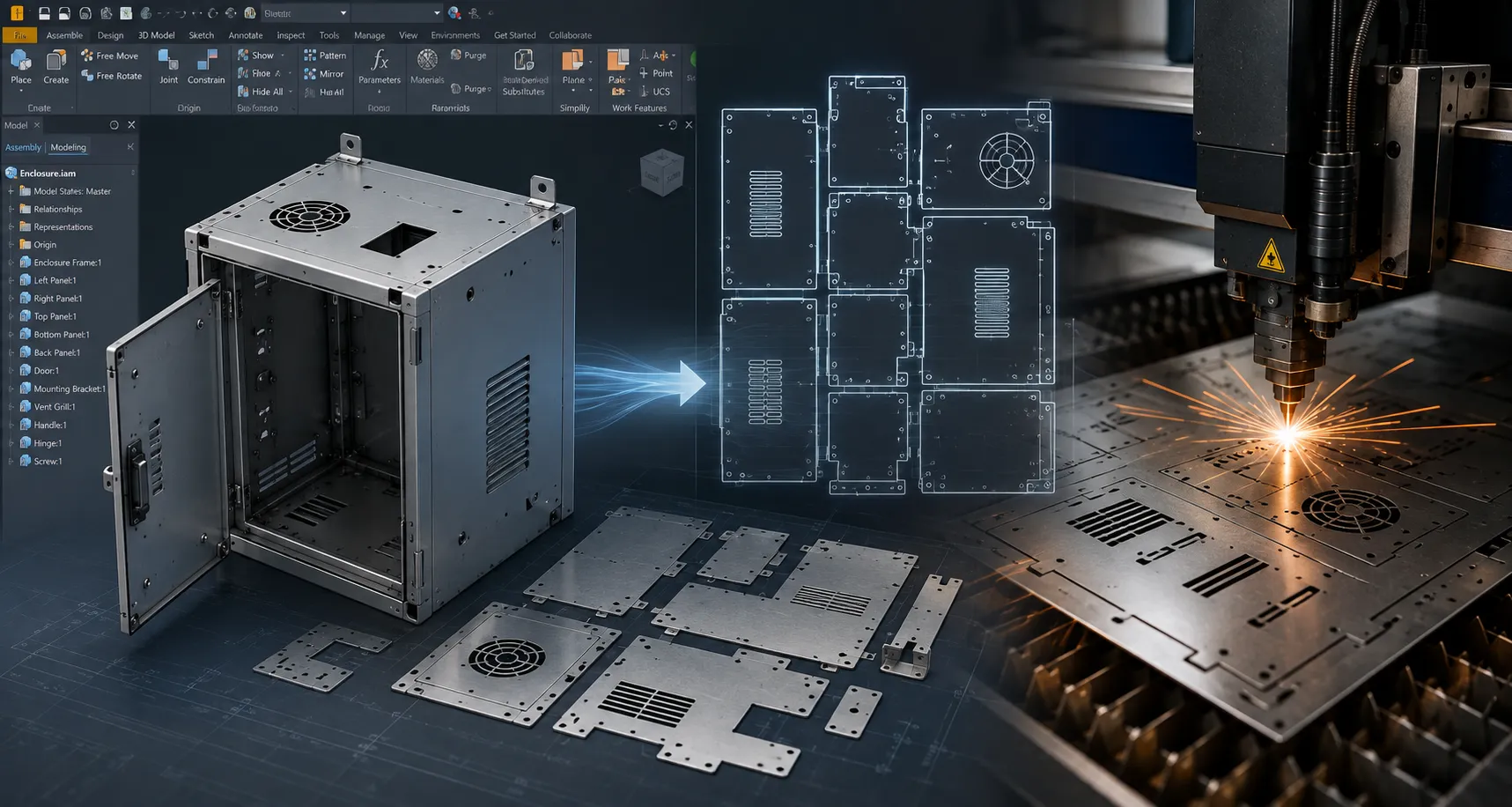 Autodesk Inventor sheet metal enclosure with flat pattern DXF export and CNC laser cutting workflow