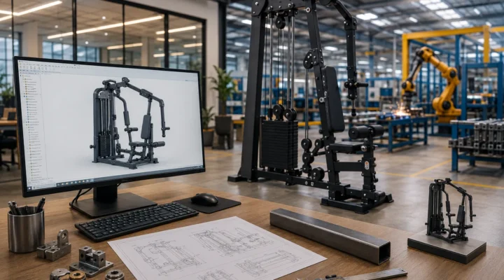 Mechanical engineers designing customised fitness equipment using 3D CAD software with a production-ready gym machine in a modern manufacturing facility.