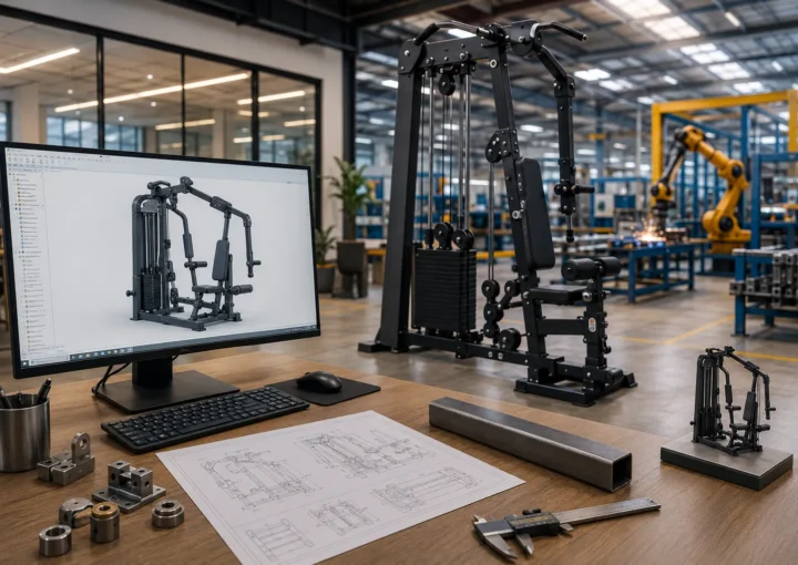 Mechanical engineers designing customised fitness equipment using 3D CAD software with a production-ready gym machine in a modern manufacturing facility.